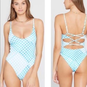 L*Space Gianna one piece swimsuit, blue and white, size 10, gingham print